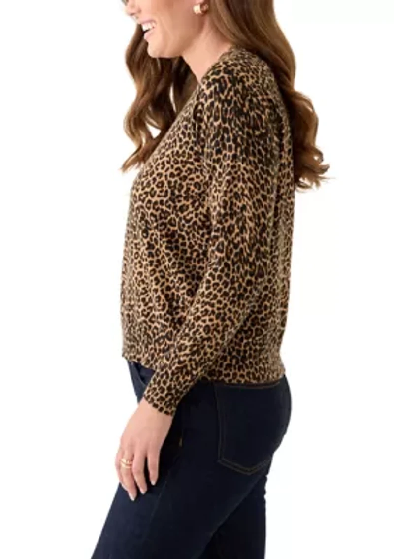 Petite Long Sleeve Crew Neck Leopard Print Pullover