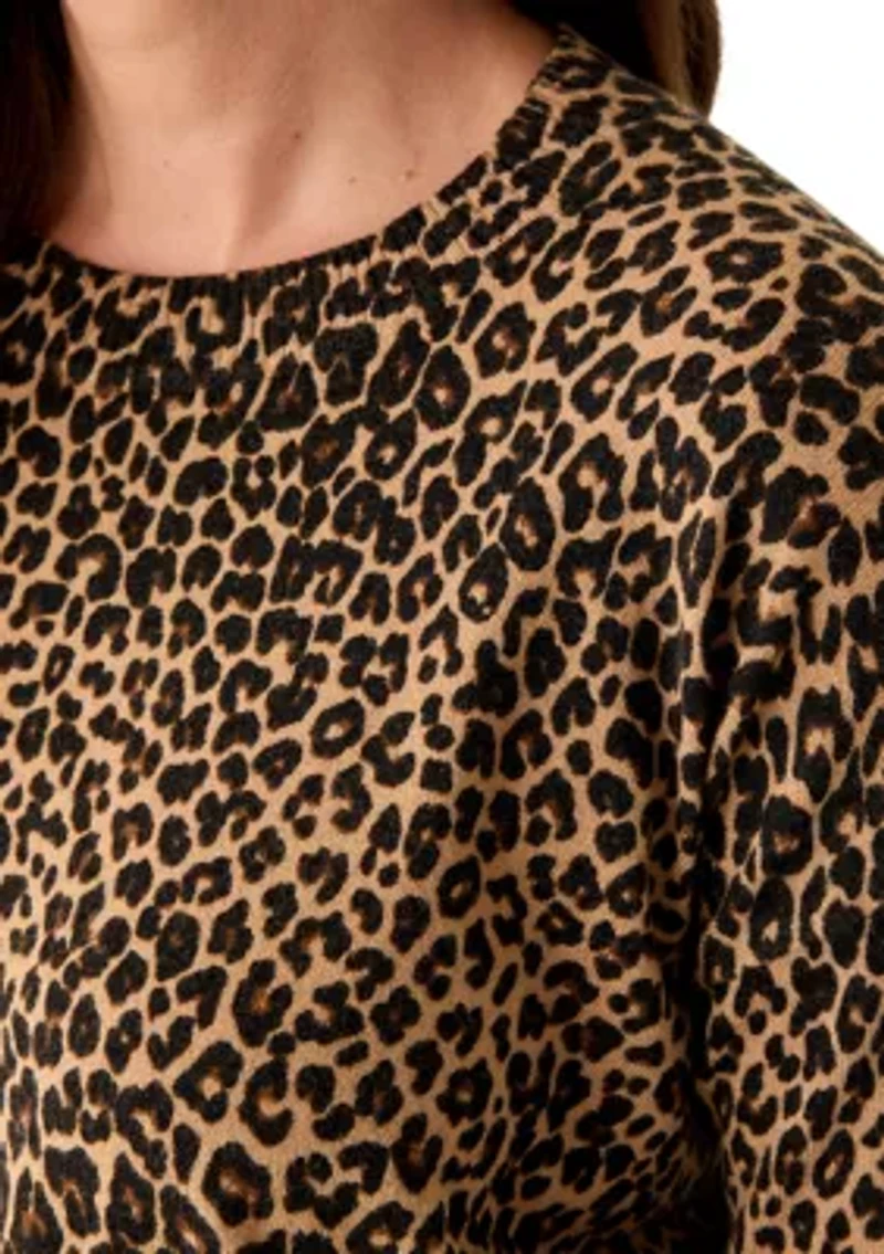 Petite Long Sleeve Crew Neck Leopard Print Pullover