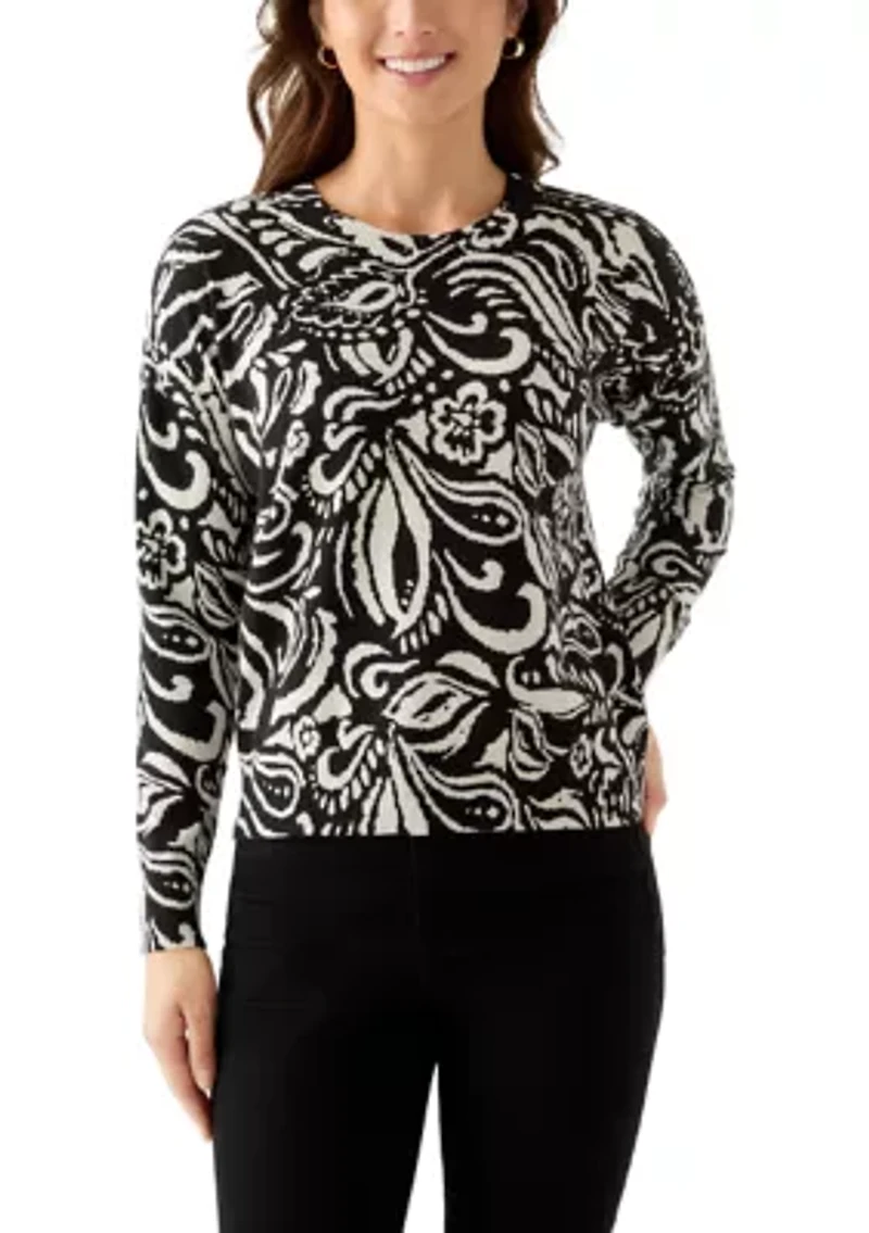 Petite Crew Neck Paisley Printed Sweater