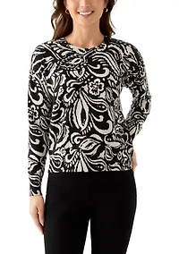 Petite Crew Neck Paisley Printed Sweater