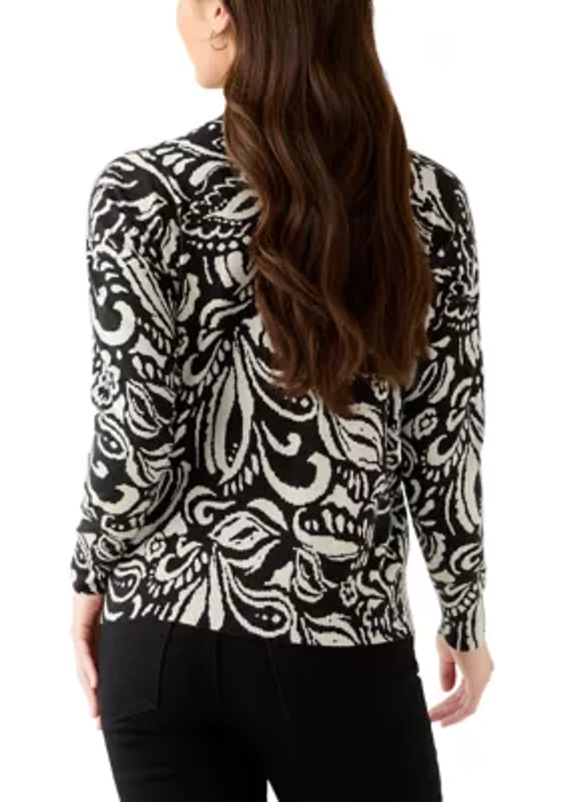 Petite Crew Neck Paisley Printed Sweater