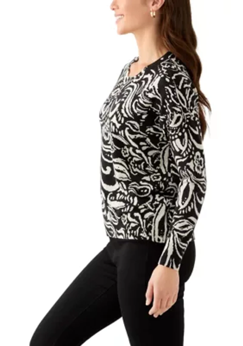 Petite Crew Neck Paisley Printed Sweater