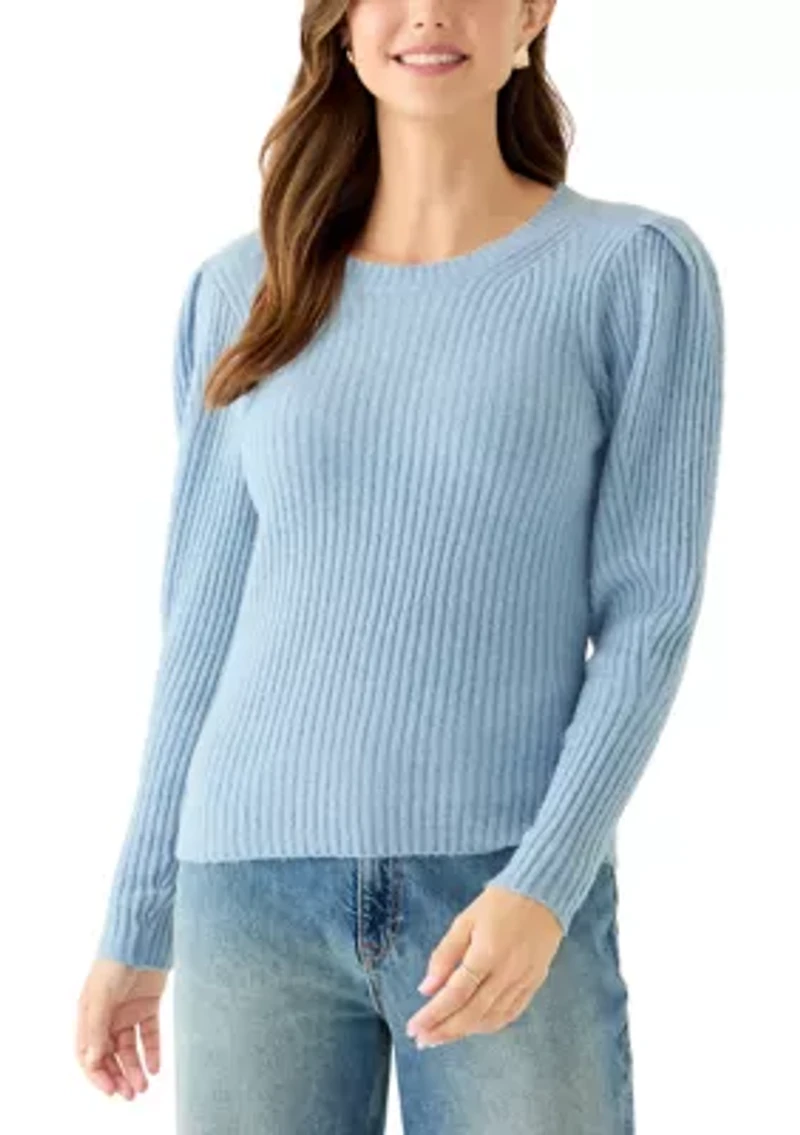 Women's Puff Sleeve Ribbed Crew Neck Sweater