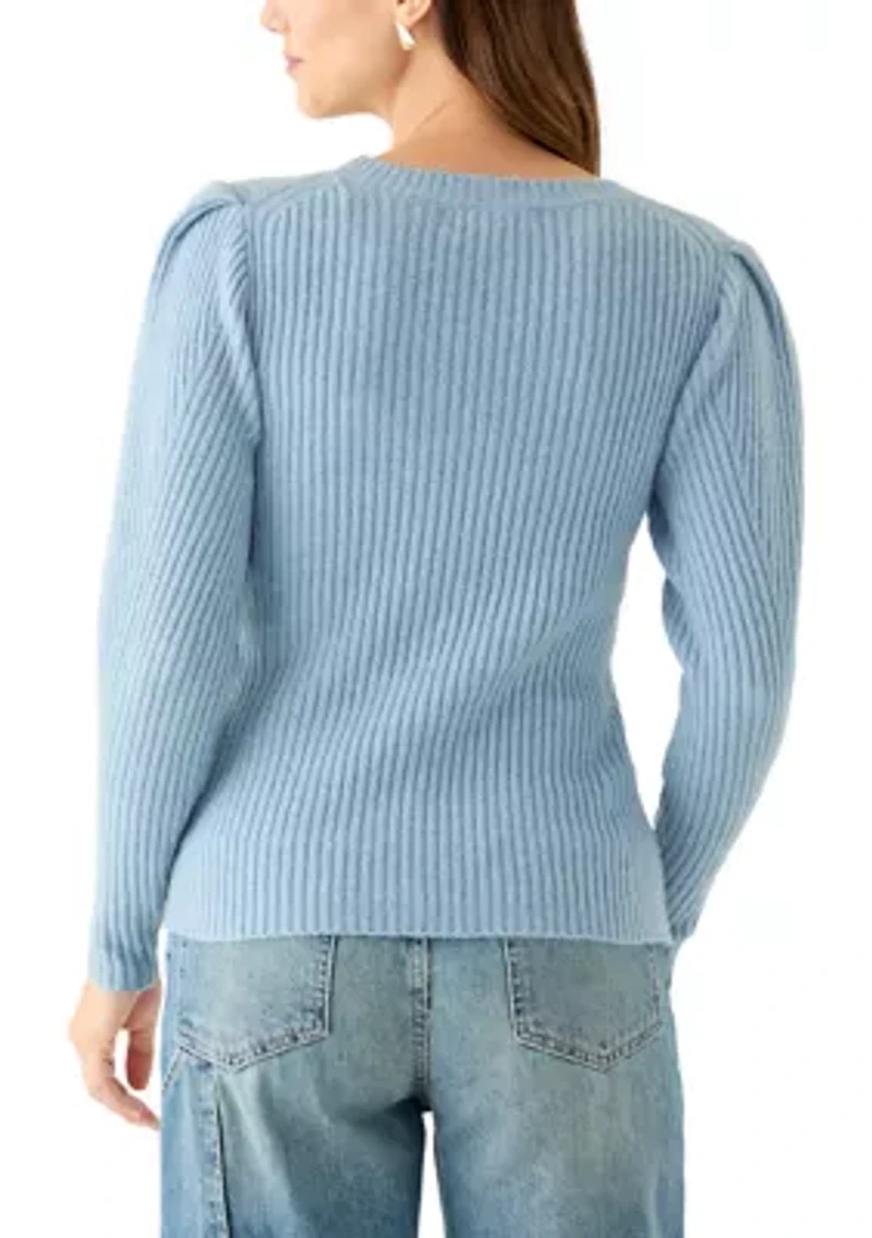 Women's Puff Sleeve Ribbed Crew Neck Sweater