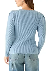 Women's Puff Sleeve Ribbed Crew Neck Sweater