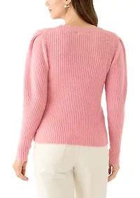 Women's Puff Sleeve Ribbed Crew Neck Sweater