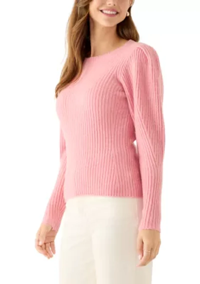 Women's Puff Sleeve Ribbed Crew Neck Sweater