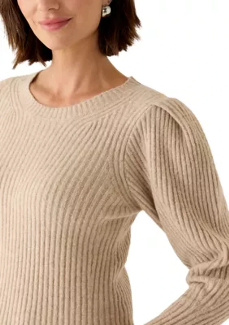 Women's Puff Sleeve Ribbed Crew Neck Sweater