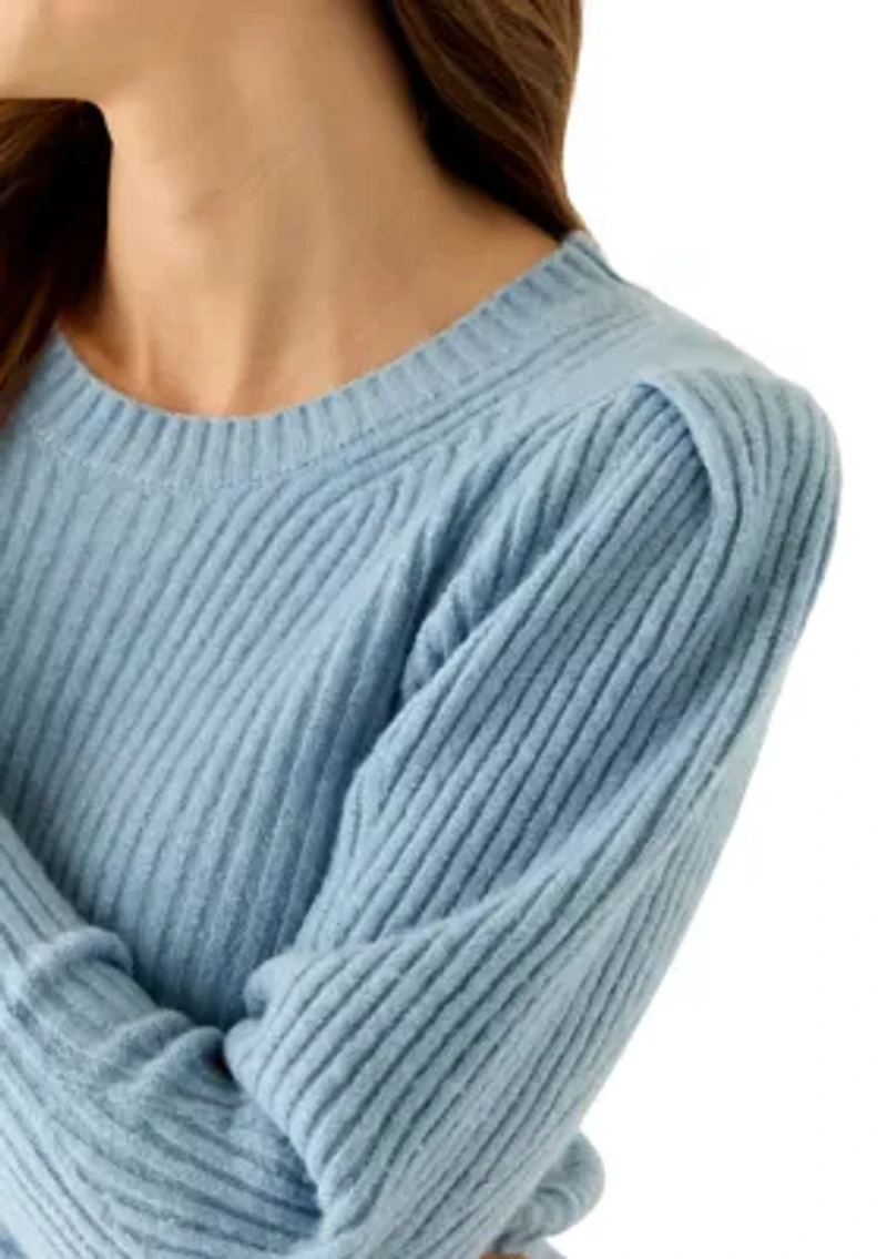 Women's Puff Sleeve Ribbed Crew Neck Sweater