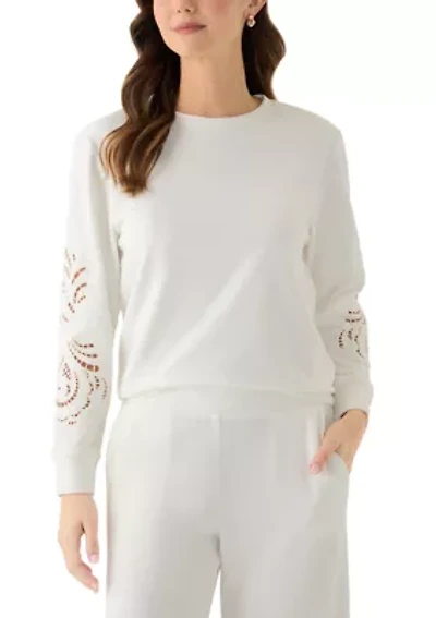 Women's Long Sleeve Lace Detail Crew Neck Sweatshirt