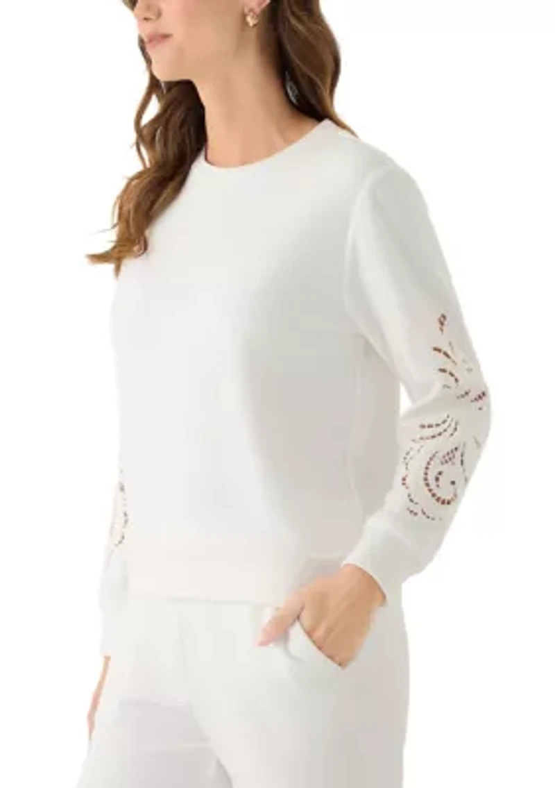 Women's Long Sleeve Lace Detail Crew Neck Sweatshirt
