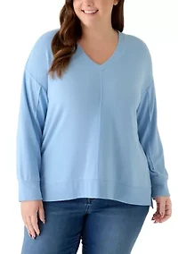 Plus Cozy V-Neck Seamed Knit Top