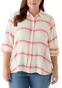 Plus Roll Tab Plaid Button Down Top