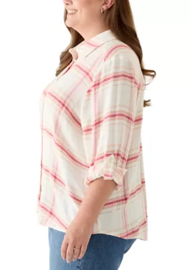 Plus Roll Tab Plaid Button Down Top