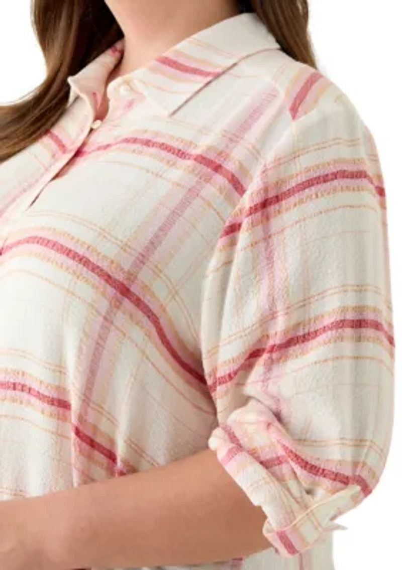 Plus Roll Tab Plaid Button Down Top