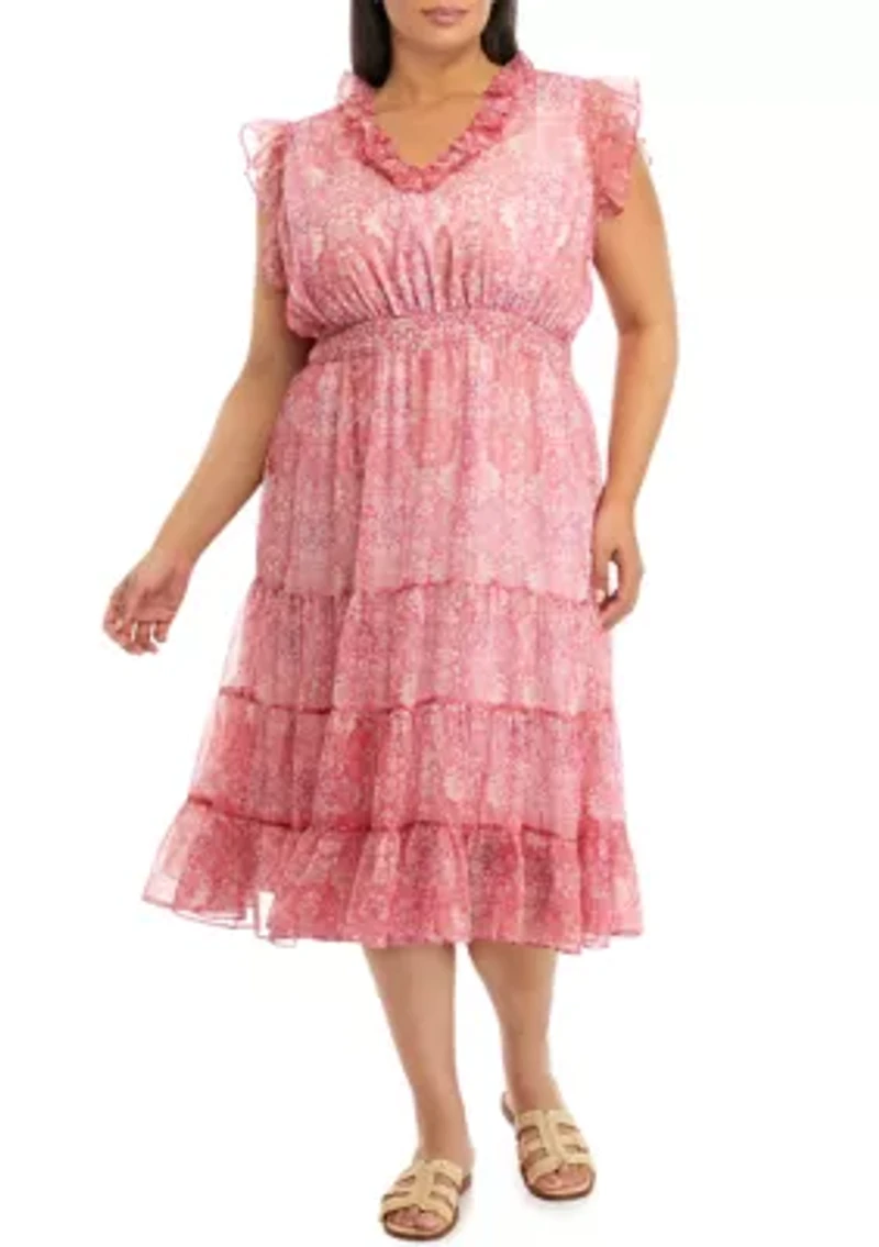 Plus V-Neck Tiered Dress with Flutter Sleeve and Smocked Waist