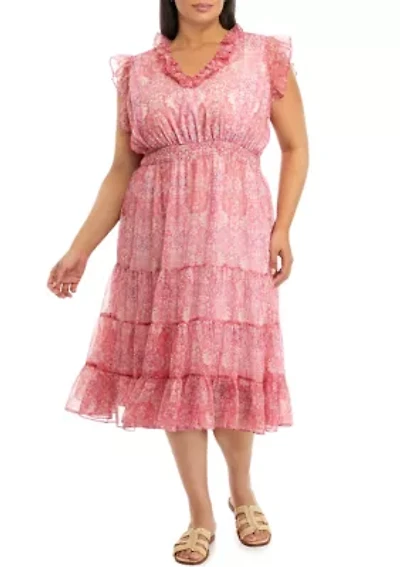 Plus V-Neck Tiered Dress with Flutter Sleeve and Smocked Waist