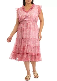 Plus V-Neck Tiered Dress with Flutter Sleeve and Smocked Waist
