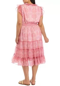 Plus V-Neck Tiered Dress with Flutter Sleeve and Smocked Waist