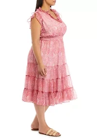 Plus V-Neck Tiered Dress with Flutter Sleeve and Smocked Waist