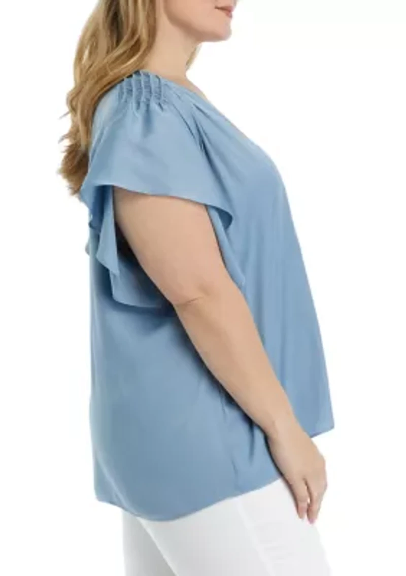 Plus V-Neck Top with Shirred Shoulders