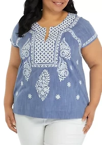 Plus Short Sleeve Split Neck Embroidered Top
