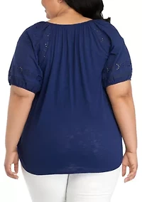 Plus Short Sleeve Eyelet Yoke Top
