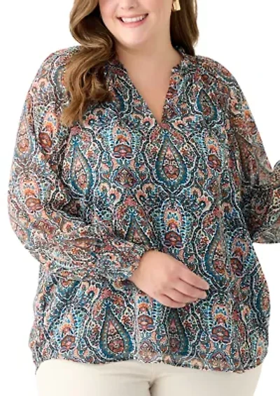 Plus Long Sleeve Printed Blouse
