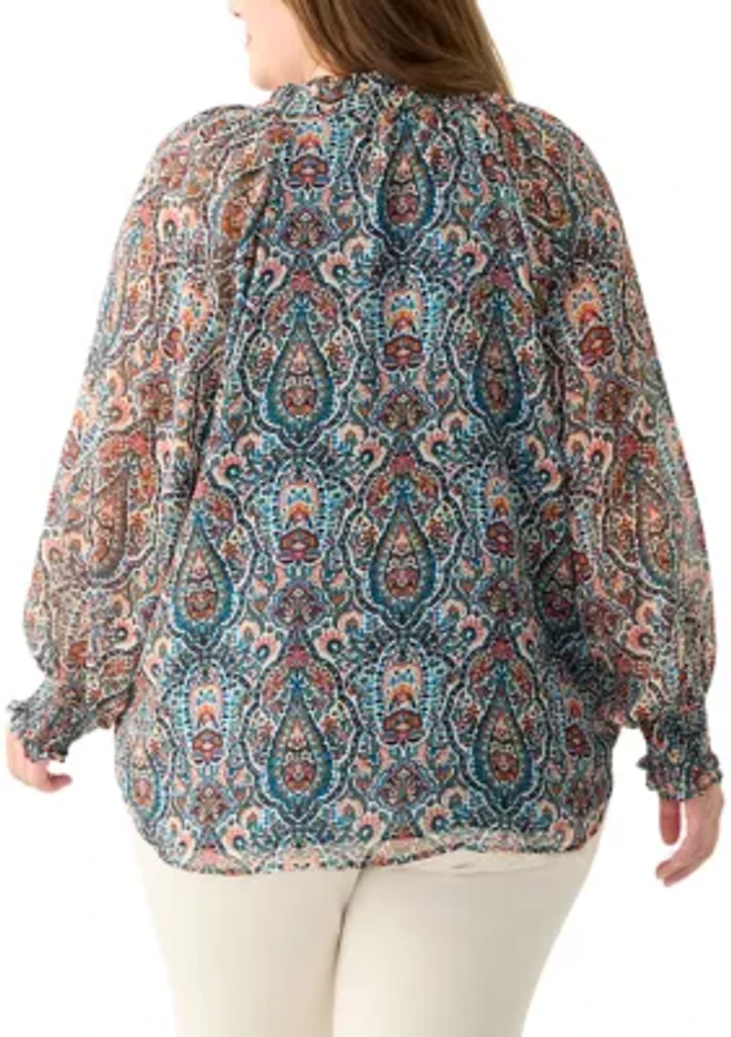 Plus Long Sleeve Printed Blouse