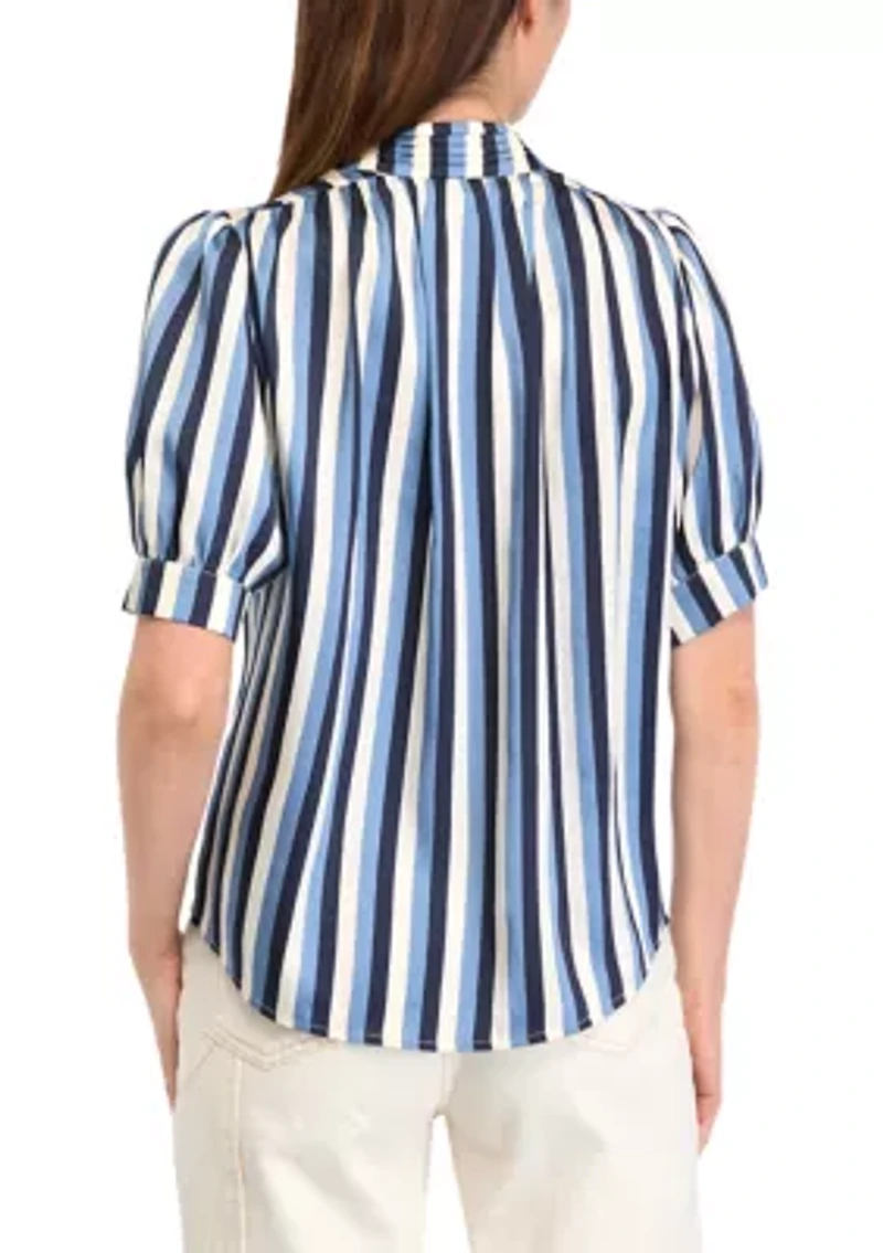 Petite Short Sleeve Pleated Woven Satin Blouse with Shirring