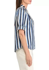 Petite Short Sleeve Pleated Woven Satin Blouse with Shirring