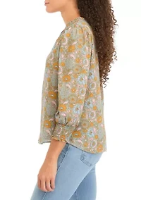 Petite 3/4 Puff Sleeve Woven Printed V-Neck Blouse