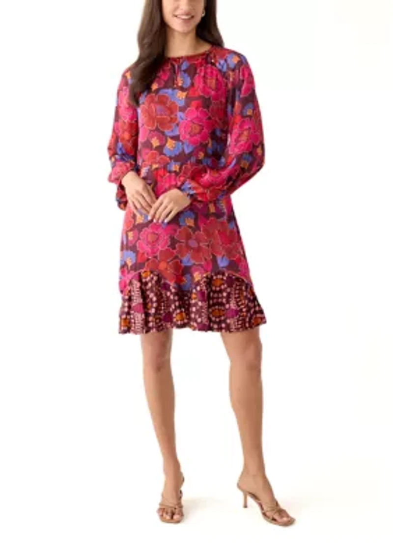 Women's Long Sleeve Ruffle Hem Floral Dress