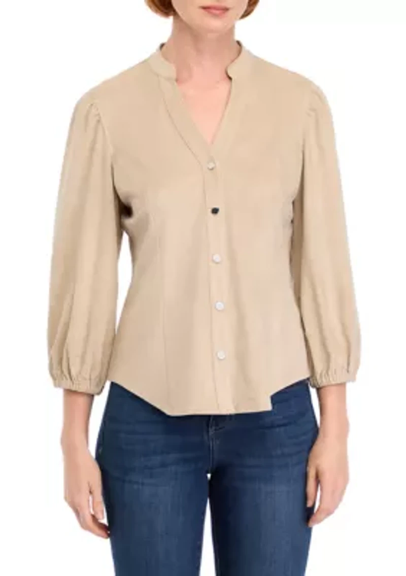 Women's Vegan Suede Split Neck Button Front Shirt