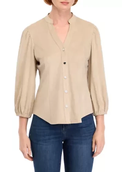 Women's Vegan Suede Split Neck Button Front Shirt