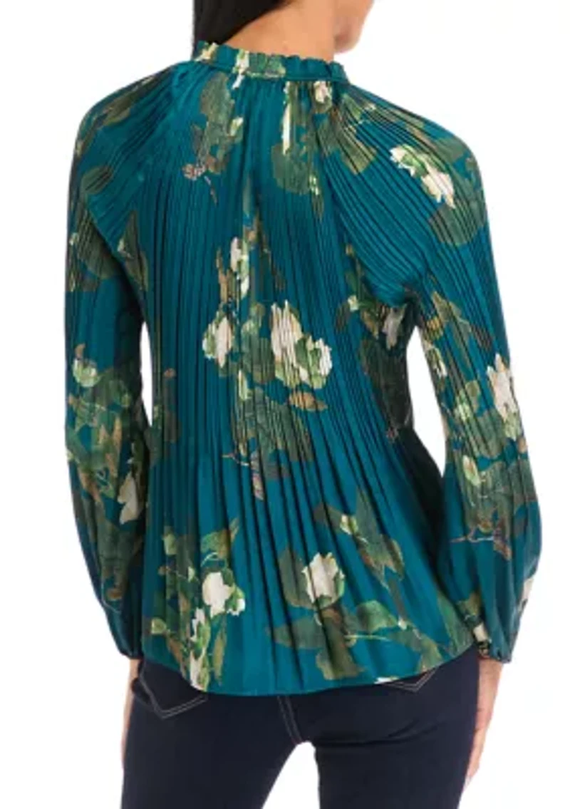 Petite Long Sleeve Split Neck Pleated Blouse