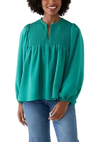 Women's Long Blouson Sleeve Top with Smocking
