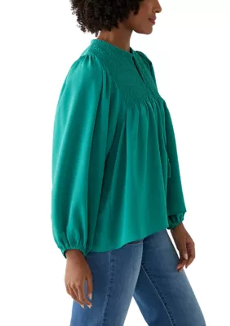 Women's Long Blouson Sleeve Top with Smocking