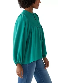 Women's Long Blouson Sleeve Top with Smocking