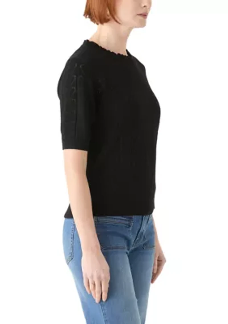 Women's Short Sleeve Scallop Neck Heart Pointelle Sweater