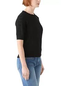 Women's Short Sleeve Scallop Neck Heart Pointelle Sweater