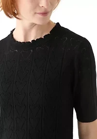 Women's Short Sleeve Scallop Neck Heart Pointelle Sweater