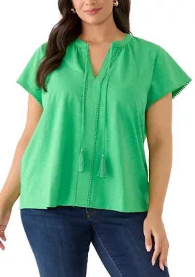 Plus Short Sleeve Trim Slub Peasant Top