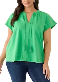 Plus Short Sleeve Trim Slub Peasant Top