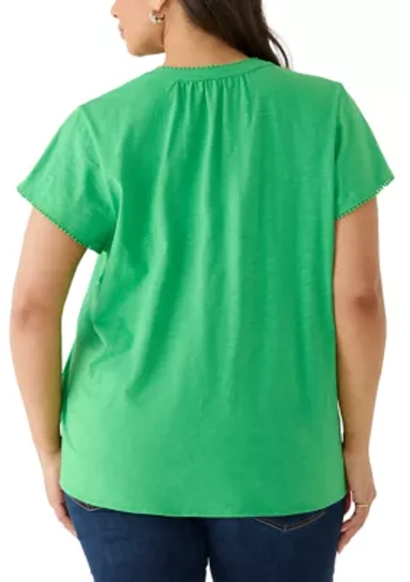 Plus Short Sleeve Trim Slub Peasant Top