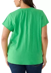 Plus Short Sleeve Trim Slub Peasant Top