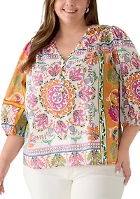 Plus 3/4 Puff Sleeve Print Peasant Blouse