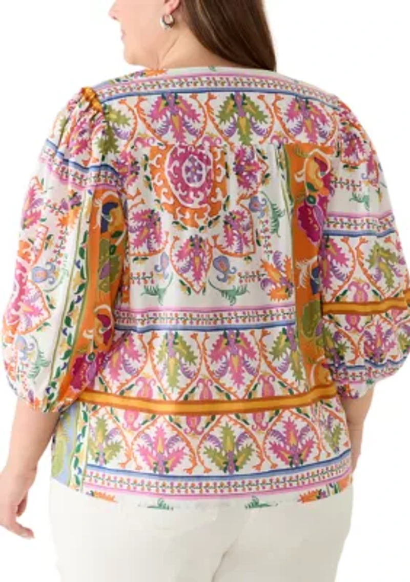 Plus 3/4 Puff Sleeve Print Peasant Blouse