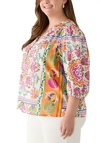 Plus 3/4 Puff Sleeve Print Peasant Blouse