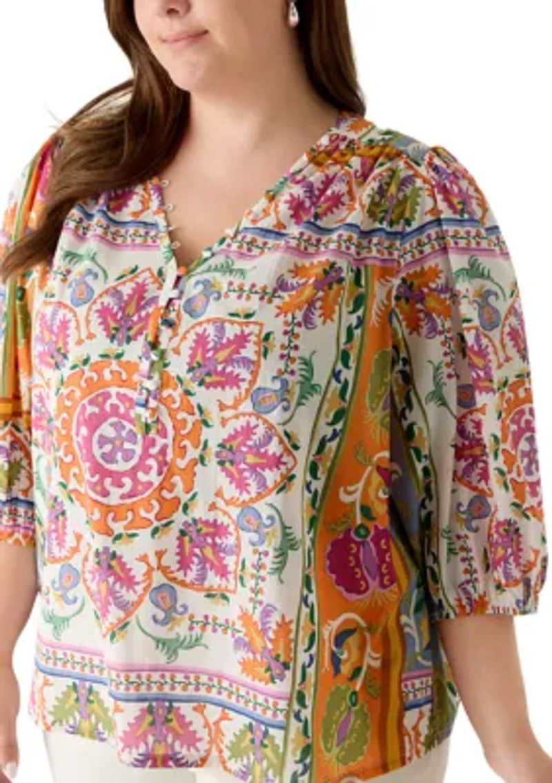 Plus 3/4 Puff Sleeve Print Peasant Blouse